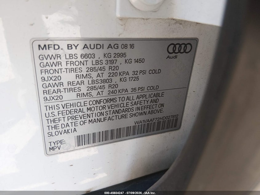2017 Audi Q7 3.0T Premium VIN: WA1VAAF72HD027812 Lot: 45604247