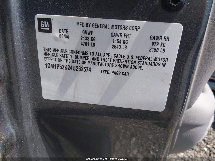 2004 Buick Lesabre Custom VIN: 1G4HP52K24U262574 Lot: 45604253