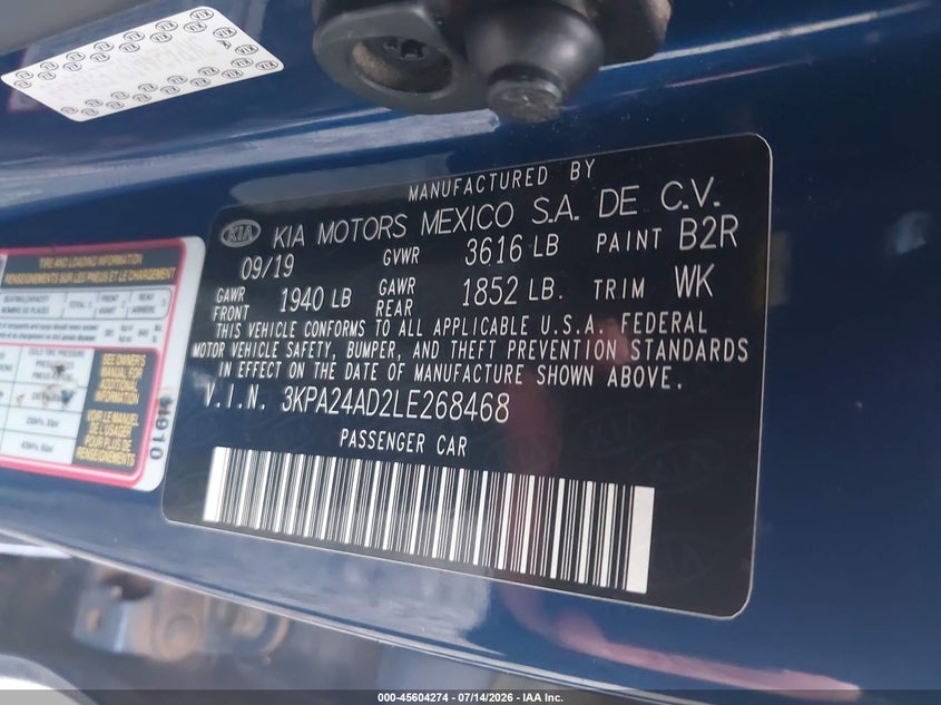 2020 Kia Rio S VIN: 3KPA24AD2LE268468 Lot: 45604274