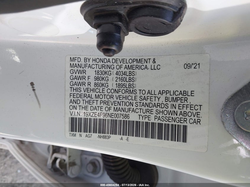 2022 Honda Insight Touring VIN: 19XZE4F96NE007586 Lot: 45604294