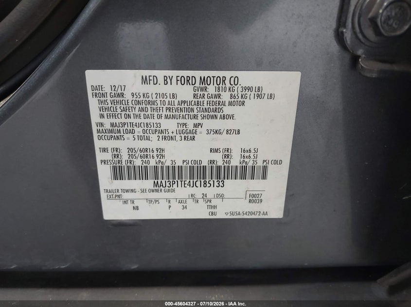 2018 Ford Ecosport Se VIN: MAJ3P1TE4JC185133 Lot: 45604327