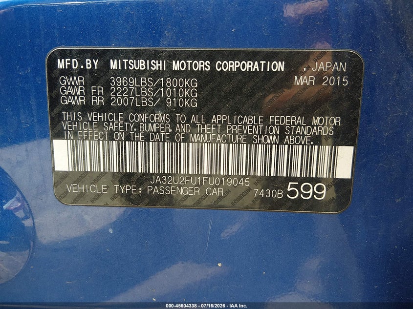 2015 Mitsubishi Lancer Es VIN: JA32U2FU1FU019045 Lot: 45604338
