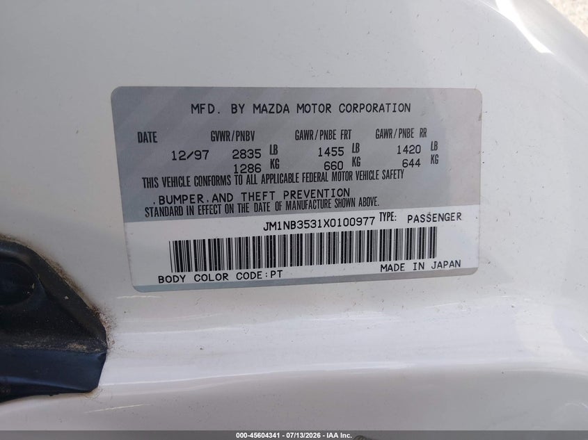 1999 Mazda Mx-5 Miata Leather Pkg/Popular Equipment Pkg/Sports Pkg/Touring Pkg VIN: JM1NB3531X0100977 Lot: 45604341