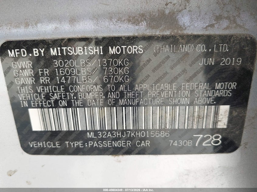 2019 Mitsubishi Mirage Es VIN: ML32A3HJ7KH015686 Lot: 45604349