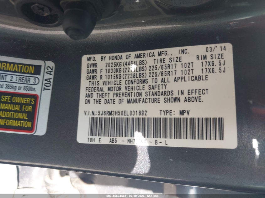 2014 HONDA CR-V SPORT UTILITY VEHICLE 2.4L I-4 DOHC, VVT, 185HP