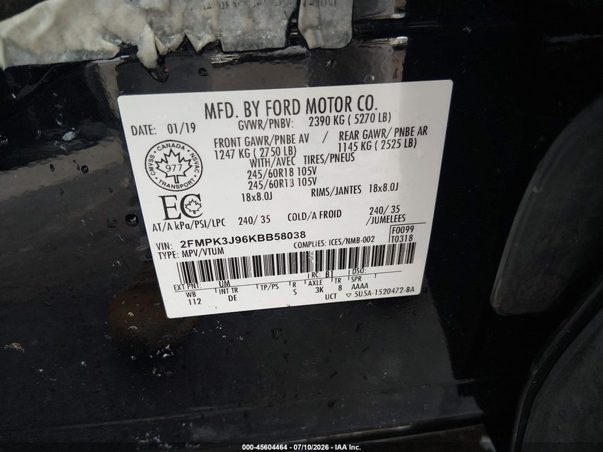 VIN 2FMPK3J96KBB58038 2019 FORD EDGE SEL