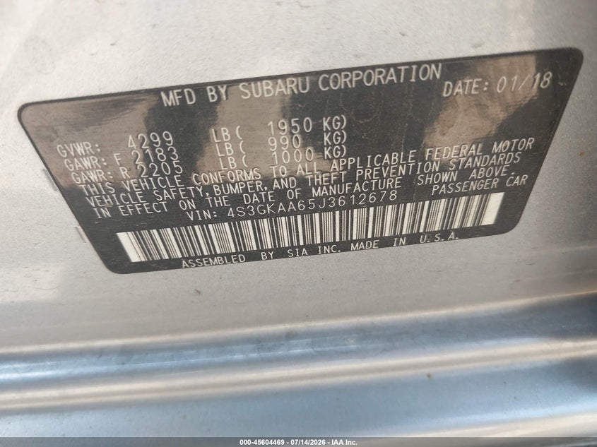 2018 Subaru Impreza 2.0I VIN: 4S3GKAA65J3612678 Lot: 45604469