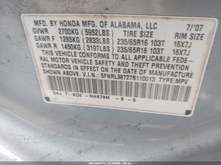 2007 Honda Odyssey Ex-L VIN: 5FNRL38727B110013 Lot: 45604474