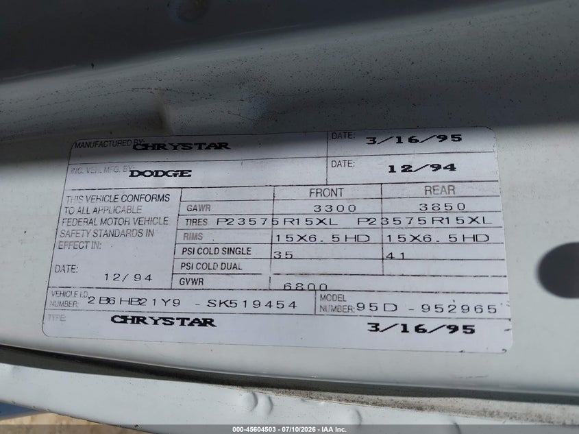 1995 Dodge Ram Van B2500 VIN: 2B6HB21Y9SK519454 Lot: 45604503