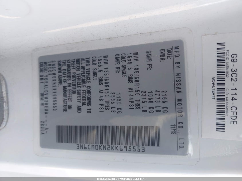 2019 Nissan Nv200 S VIN: 3N6CM0KN2KK695553 Lot: 45604504