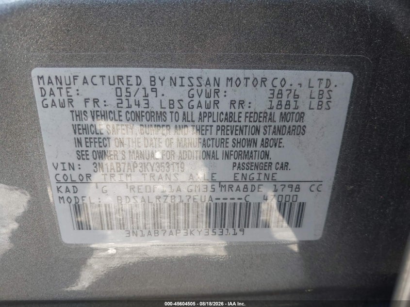 NISSAN SENTRA 2019 VIN 3N1AB7AP3KY353119