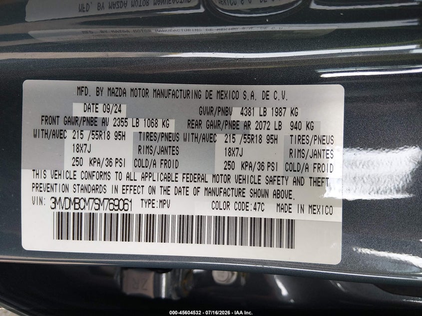 2025 Mazda Cx-30 2.5 S Carbon Edition VIN: 3MVDMBCM7SM769061 Lot: 45604532