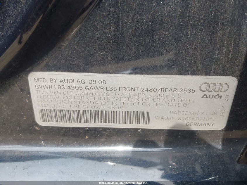 2009 Audi A4 2.0T Premium VIN: WAUSF78K09N022812 Lot: 45604556