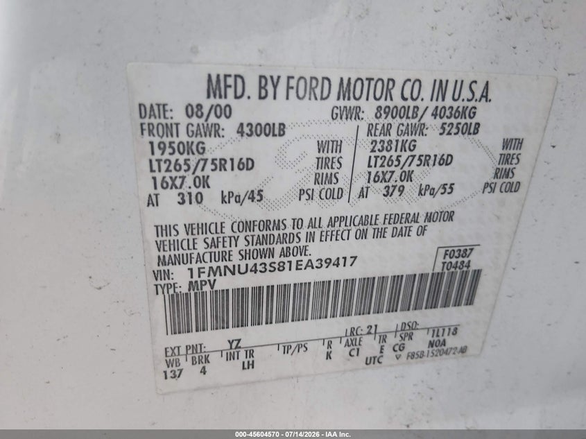 2001 Ford Excursion Limited VIN: 1FMNU43S81EA39417 Lot: 45604570