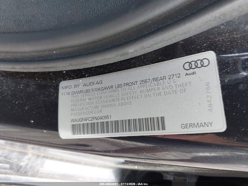 2015 Audi A6 2.0T Premium VIN: WAUGFAFC2FN040951 Lot: 45604591