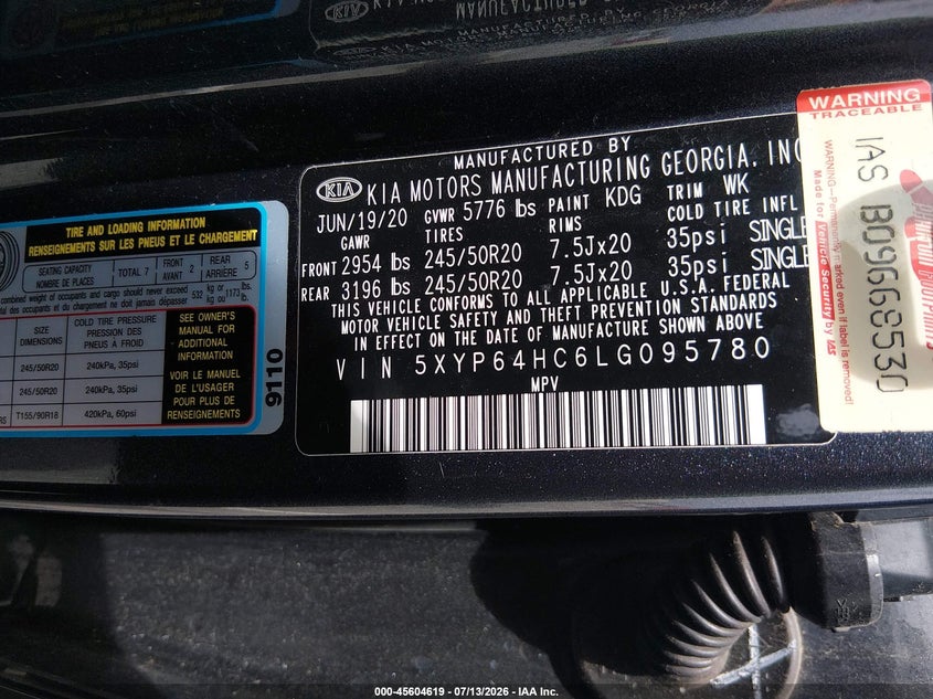 KIA TELLURIDE 2020 VIN 5XYP64HC6LG095780