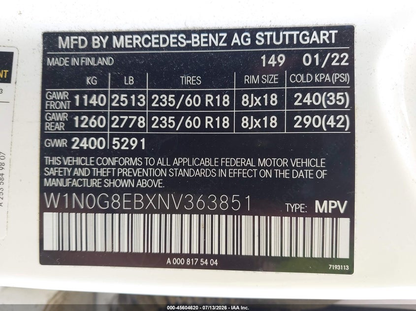 2022 Mercedes-Benz Glc 300 4Matic Suv VIN: W1N0G8EBXNV363851 Lot: 45604620