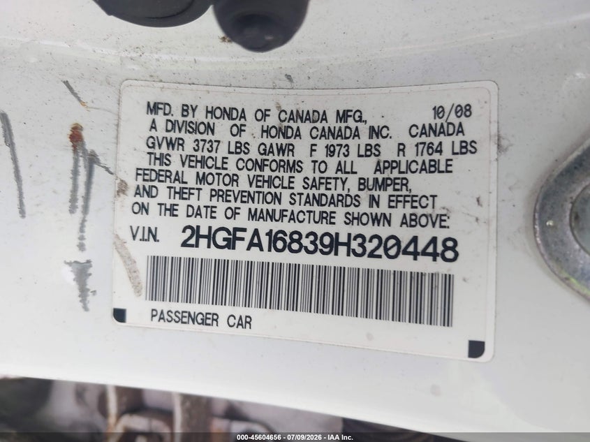 2009 HONDA CIVIC SEDAN 1.8L I-4 VVT, 140HP