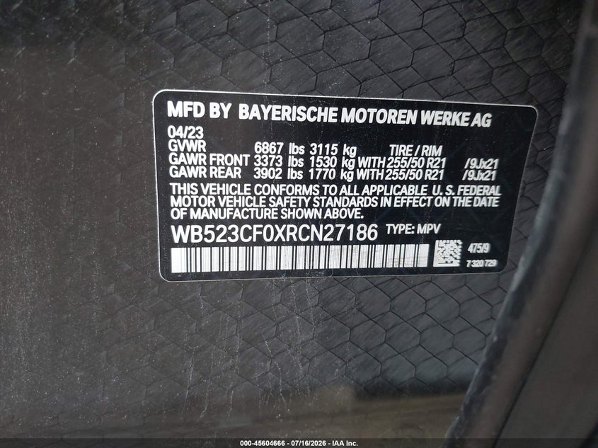 2024 BMW Ix xDrive50 VIN: WB523CF0XRCN27186 Lot: 45604666