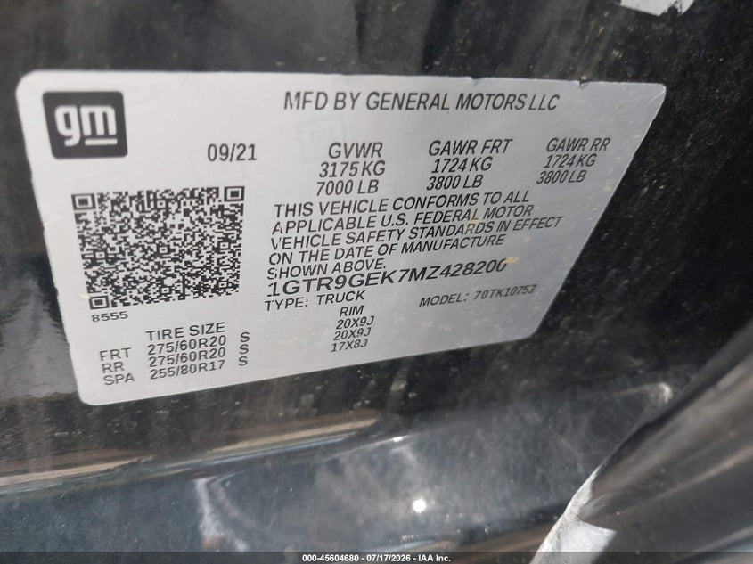 GMC SIERRA 1500 2021 VIN 1GTR9GEK7MZ428200