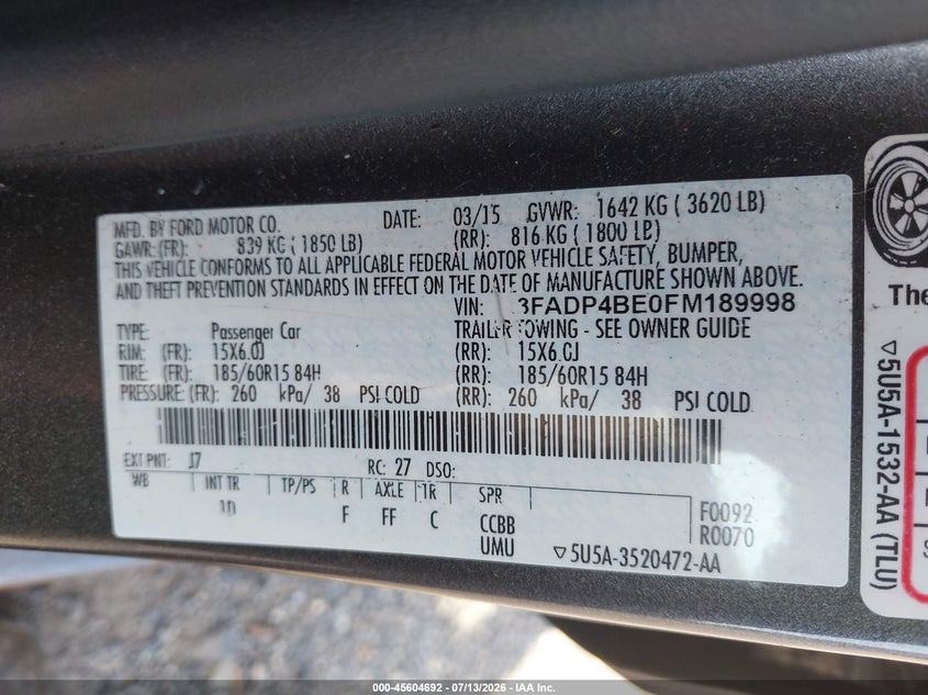 2015 Ford Fiesta Se VIN: 3FADP4BE0FM189998 Lot: 45604692