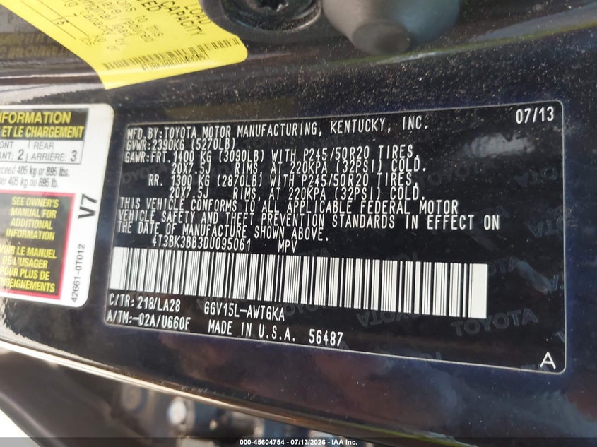 2013 Toyota Venza Xle V6 VIN: 4T3BK3BB3DU095061 Lot: 45604754
