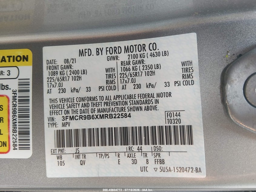 2021 Ford Bronco Sport Big Bend VIN: 3FMCR9B6XMRB22584 Lot: 45604772