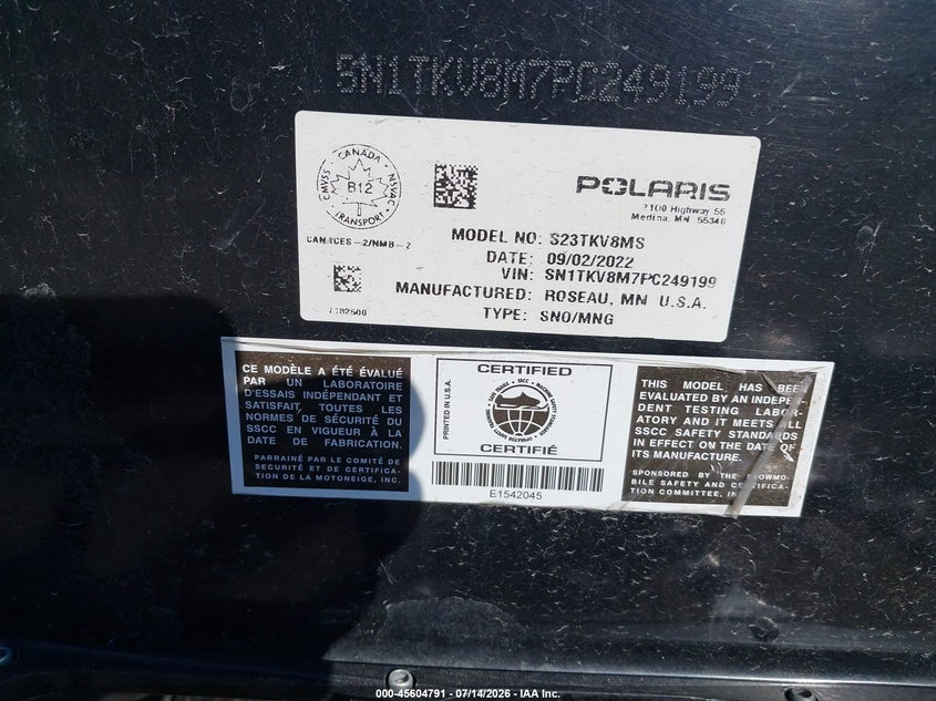 2023 Polaris 650 Indy Vr1 VIN: SN1TKV8M7PC249199 Lot: 45604791