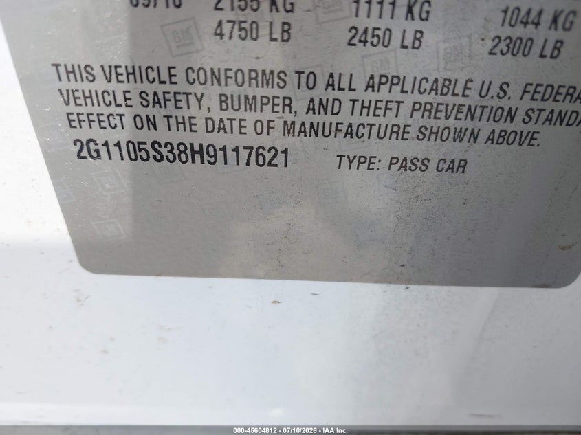 2017 CHEVROLET IMPALA SEDAN 3.6L V-6 DI, DOHC, VVT, 305HP