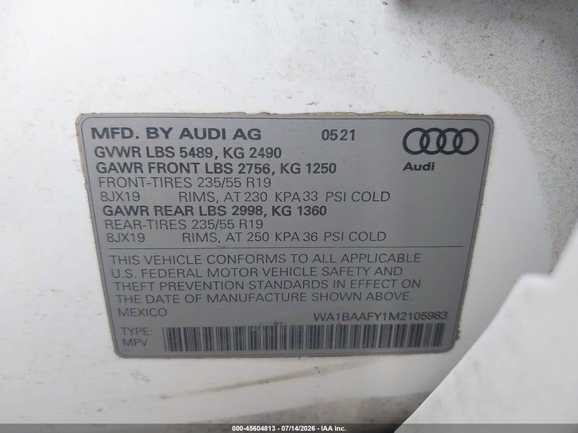 2021 Audi Q5 Premium Plus 45 Tfsi Quattro S Tronic VIN: WA1BAAFY1M2105983 Lot: 45604813