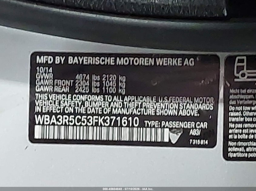 2015 BMW 435I xDrive VIN: WBA3R5C53FK371610 Lot: 45604848
