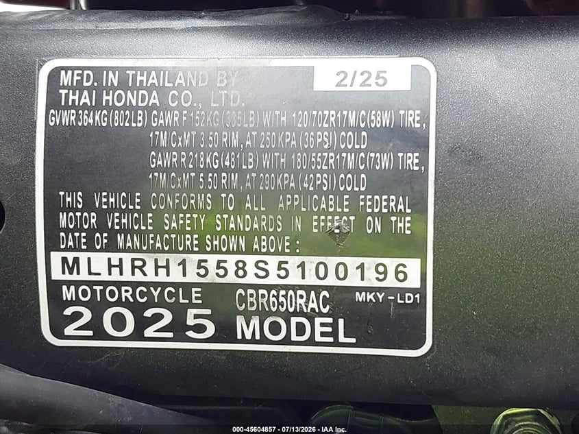 2025 Honda Cbr650 R VIN: MLHRH1558S5100196 Lot: 45604857