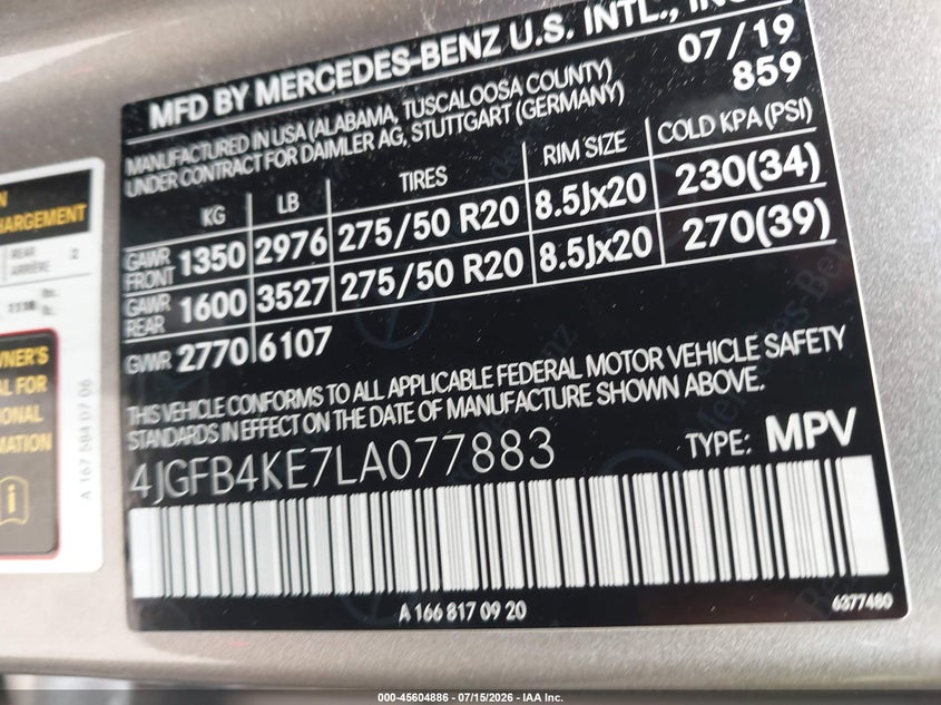 2020 Mercedes-Benz Gle 350 4Matic VIN: 4JGFB4KE7LA077883 Lot: 45604886