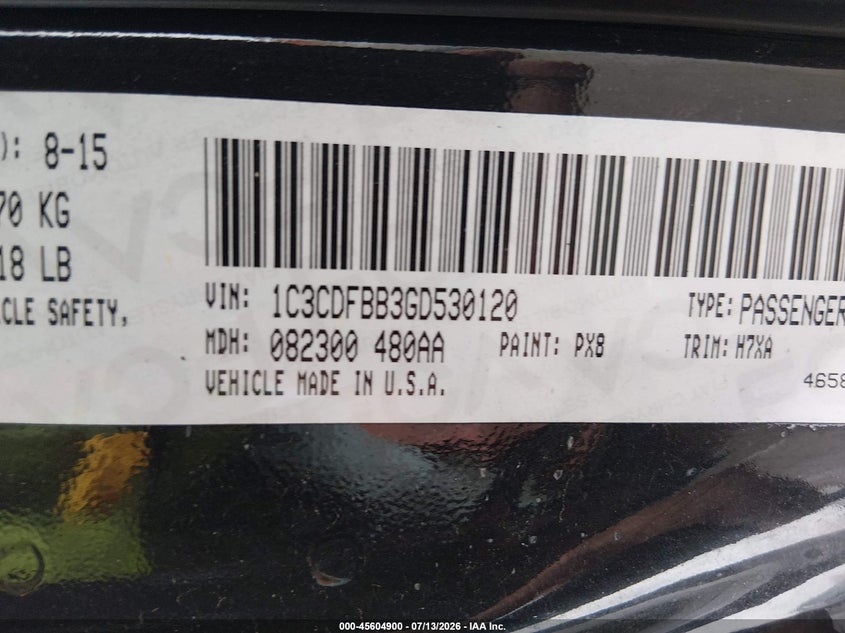 2016 Dodge Dart Sxt VIN: 1C3CDFBB3GD530120 Lot: 45604900