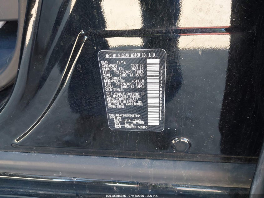 2019 Nissan Armada Sl VIN: JN8AY2ND6K9087894 Lot: 45604925