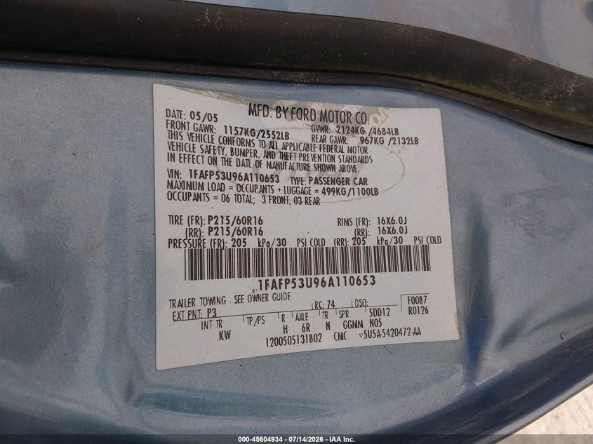 2006 Ford Taurus Se VIN: 1FAFP53U96A110653 Lot: 45604934