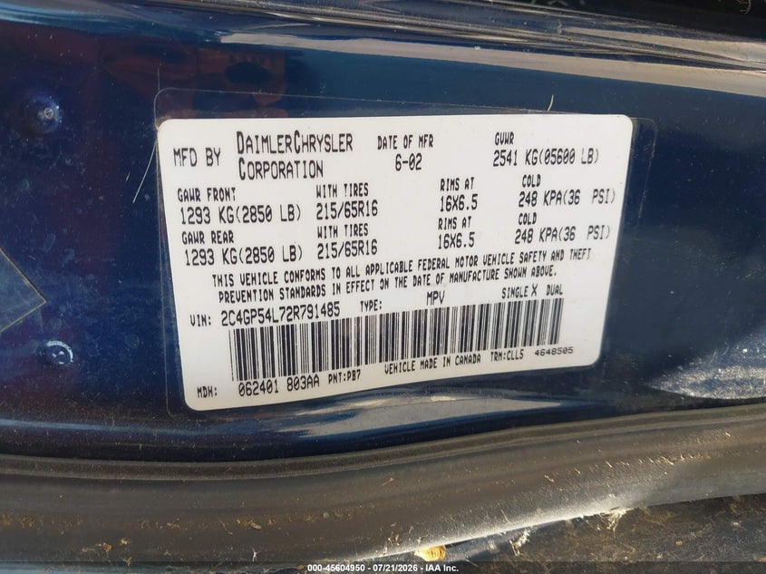 2002 Chrysler Town & Country Lxi VIN: 2C4GP54L72R791485 Lot: 45604950