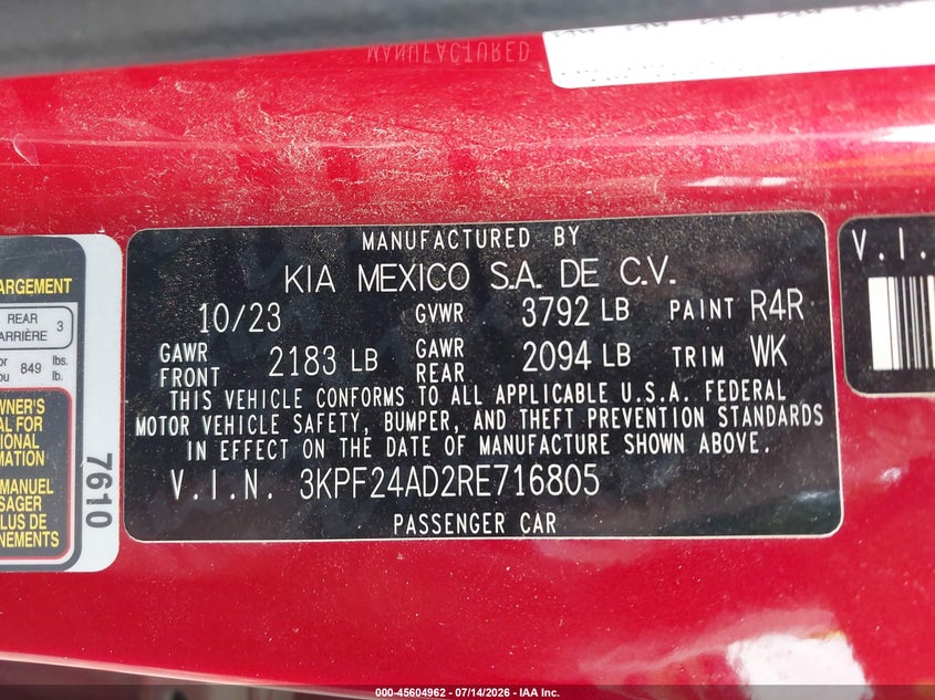 KIA FORTE 2024 VIN 3KPF24AD2RE716805
