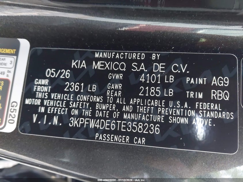 2026 Kia K4 Gt-Line VIN: 3KPFW4DE6TE358236 Lot: 45605000