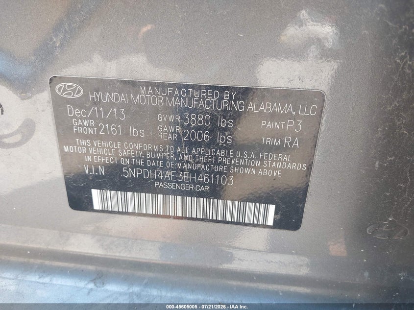 2014 Hyundai Elantra Se VIN: 5NPDH4AE3EH461103 Lot: 45605005