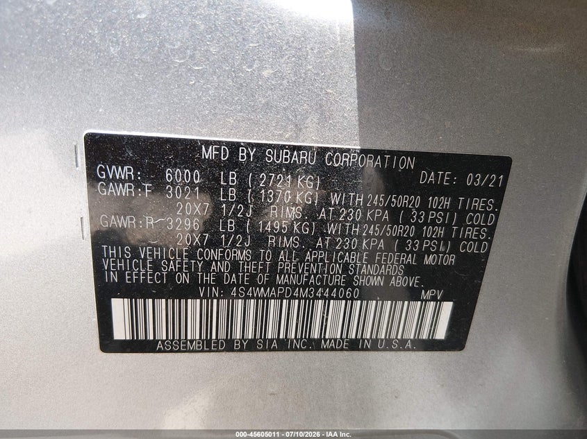 2021 Subaru Ascent Limited VIN: 4S4WMAPD4M3444060 Lot: 45605011