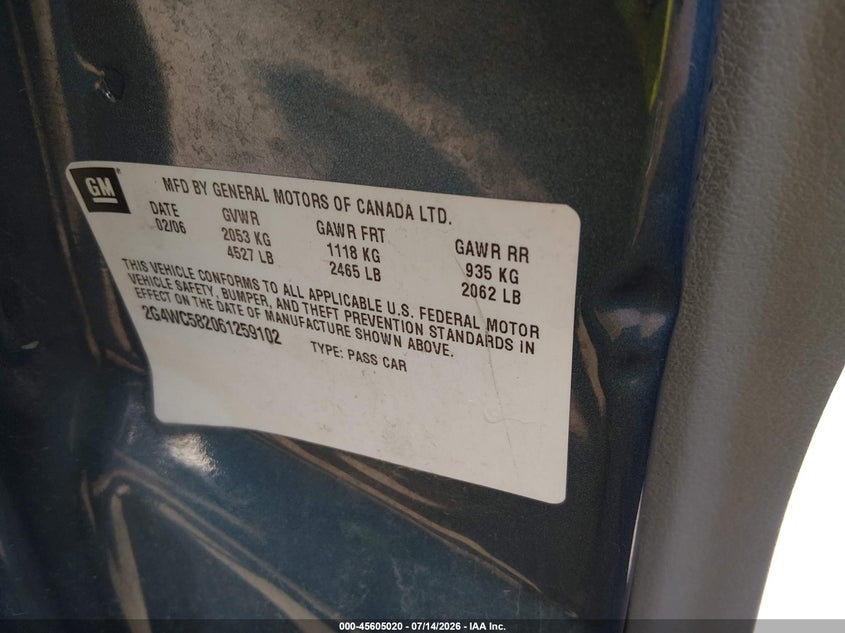 2006 Buick Lacrosse Cx VIN: 2G4WC582061259102 Lot: 45605020