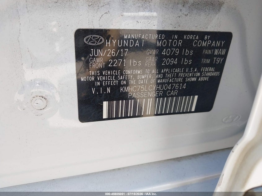 2017 Hyundai Ioniq Hybrid Sel VIN: KMHC75LCXHU047614 Lot: 45605051