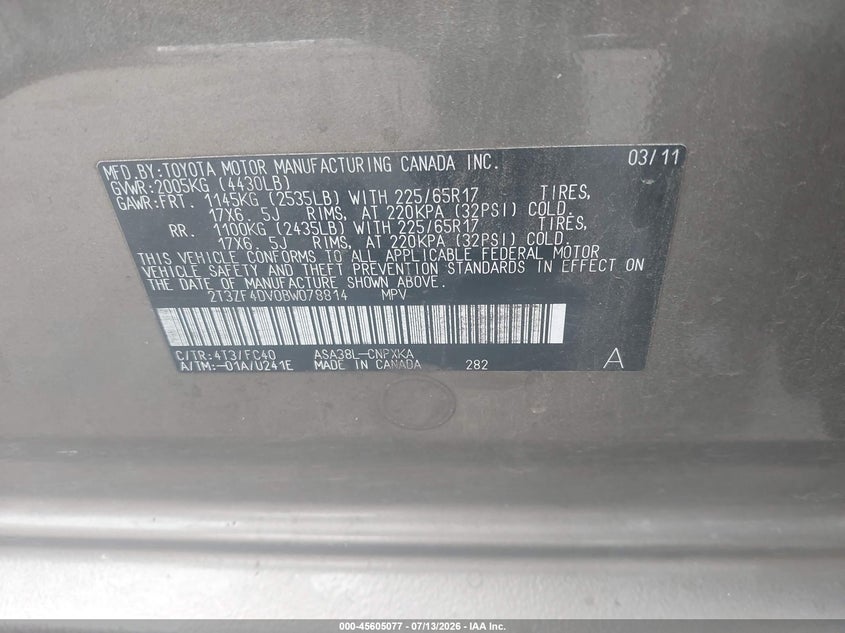 2011 TOYOTA RAV 4 SPORT UTILITY VEHICLE 2.5L I-4 DOHC, VVT, 179HP
