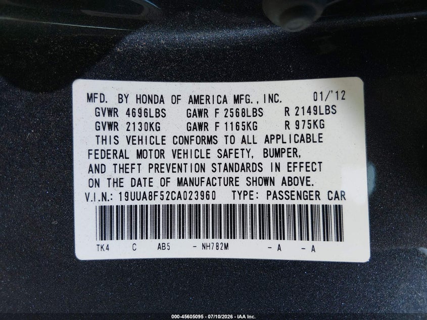 2012 Acura Tl 3.5 VIN: 19UUA8F52CA023960 Lot: 45605095