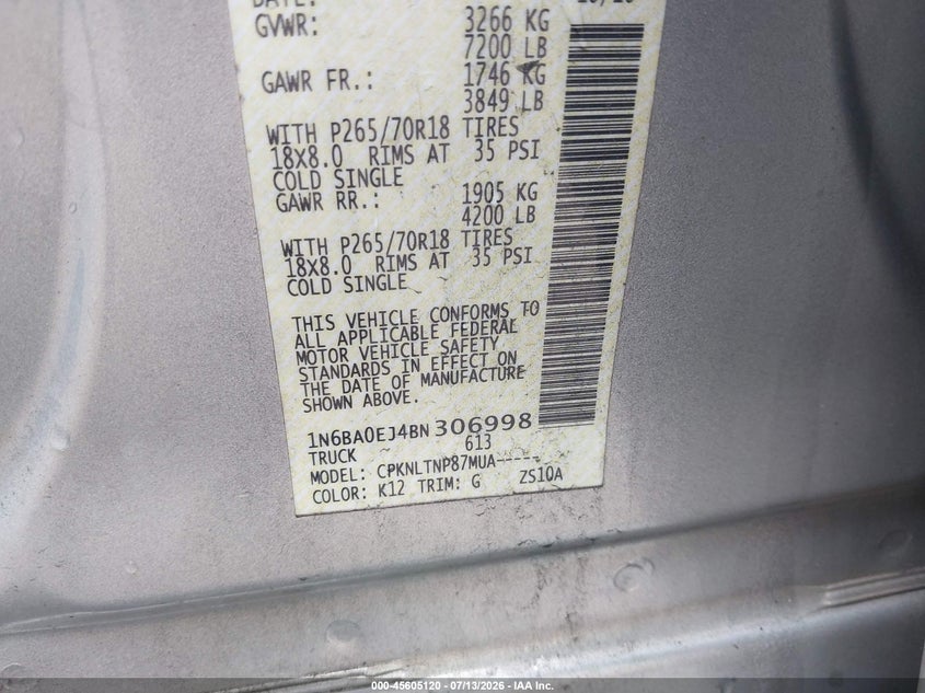 2011 Nissan Titan Sv VIN: 1N6BA0EJ4BN306998 Lot: 45605120