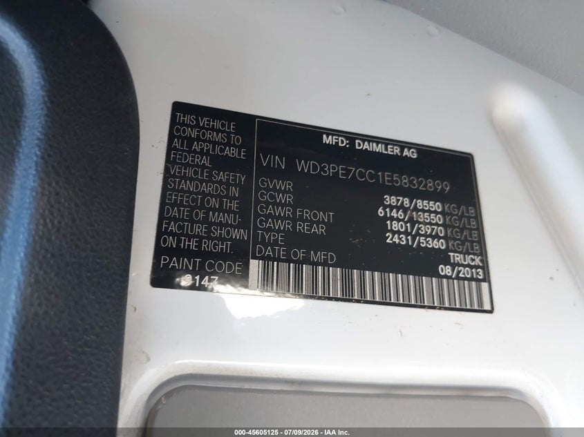 2014 Mercedes-Benz Sprinter 2500 Normal Roof VIN: WD3PE7CC1E5832899 Lot: 45605125