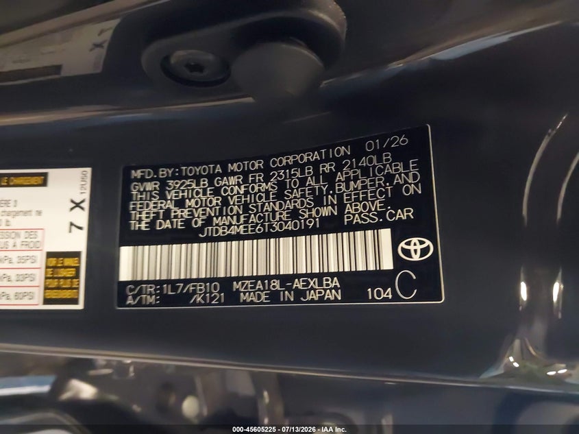 TOYOTA COROLLA 2026 VIN JTDB4MEE6T3040191