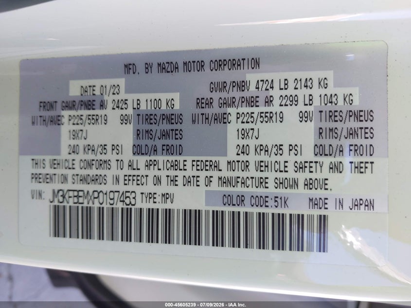 2023 Mazda Cx-5 2.5 S Premium Plus VIN: JM3KFBEMXP0197453 Lot: 45605239