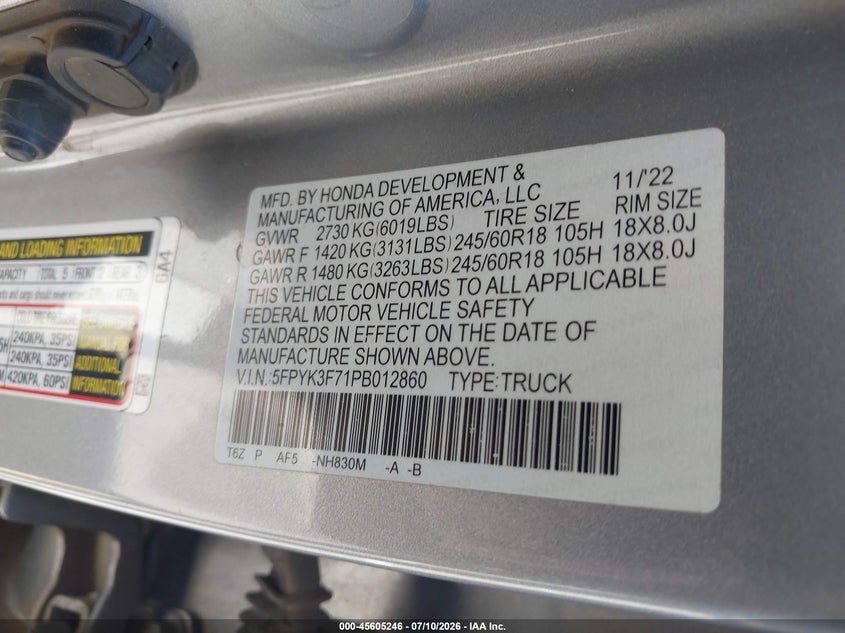 2023 Honda Ridgeline Rtl-E VIN: 5FPYK3F71PB012860 Lot: 45605246